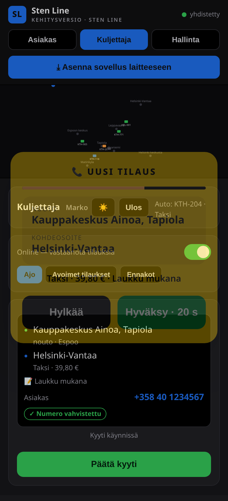 Taksivälitys hallintanäkymä - yrityksen hallintapaneeli