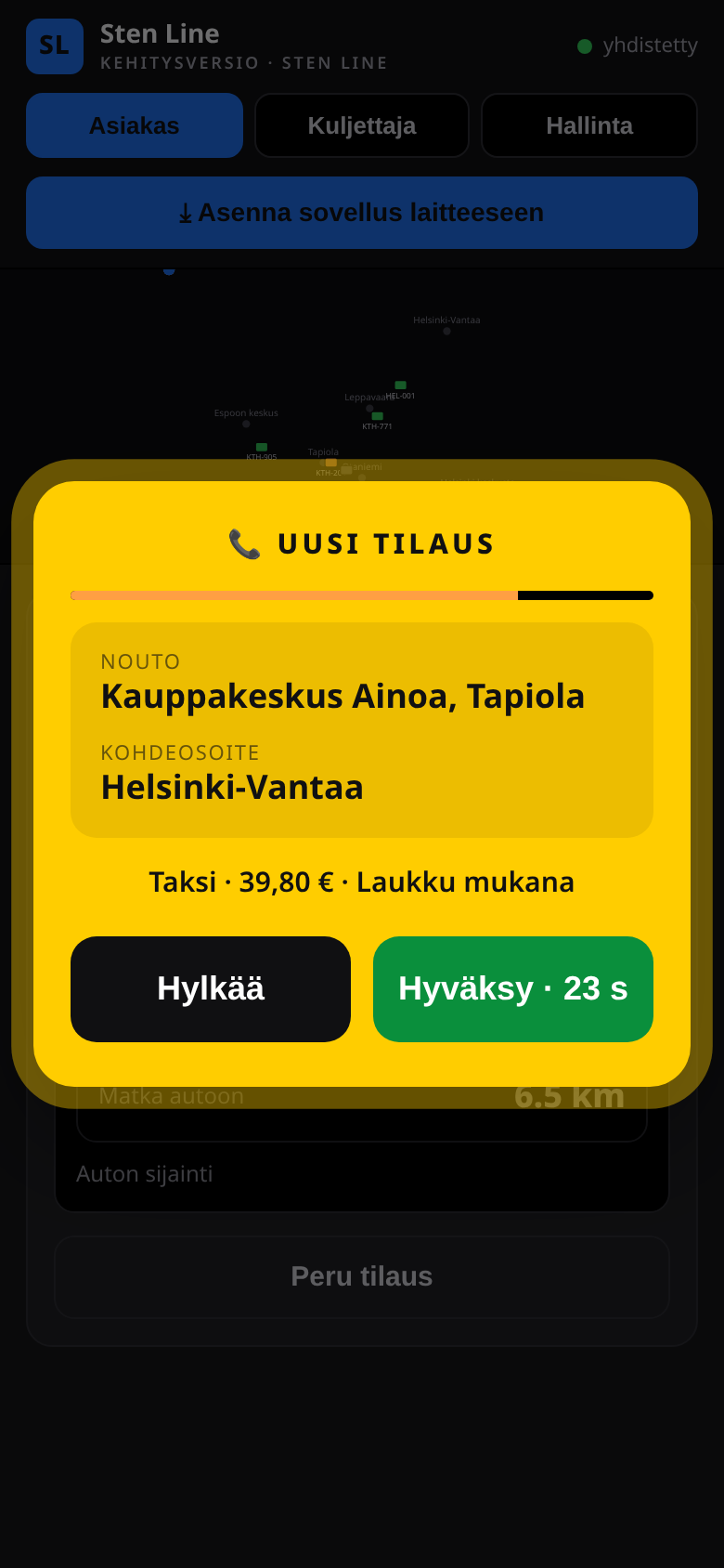 Taksivälitys kuljettajasovellus - kuljettaja vastaanottaa tilauksen
